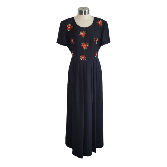 Jessica Howard Vtg 90s Black Tie-Back Maxi Dress w/ Sequin Poinsettias Size 8 - Picture 1 of 13